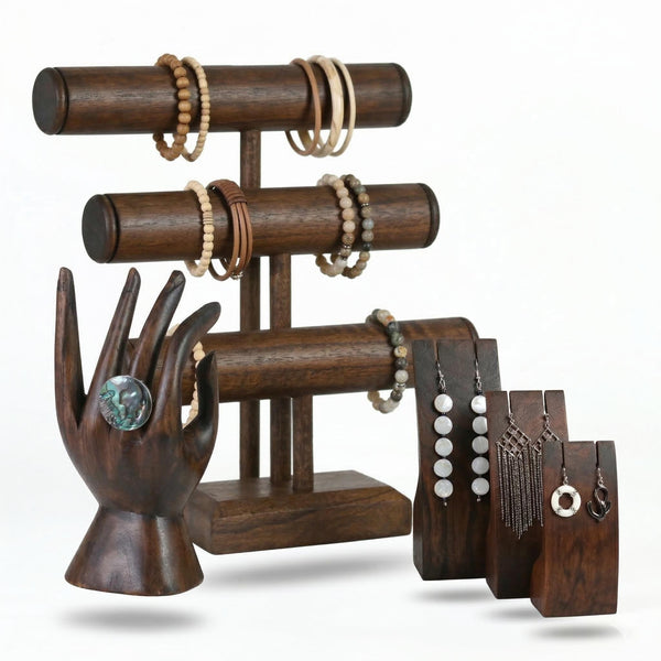 Wood Jewelry Display Set – Bracelet Holder, Ring Hand - Earring Stand – Jewelry Display for Rings, Earrings - Bracelets