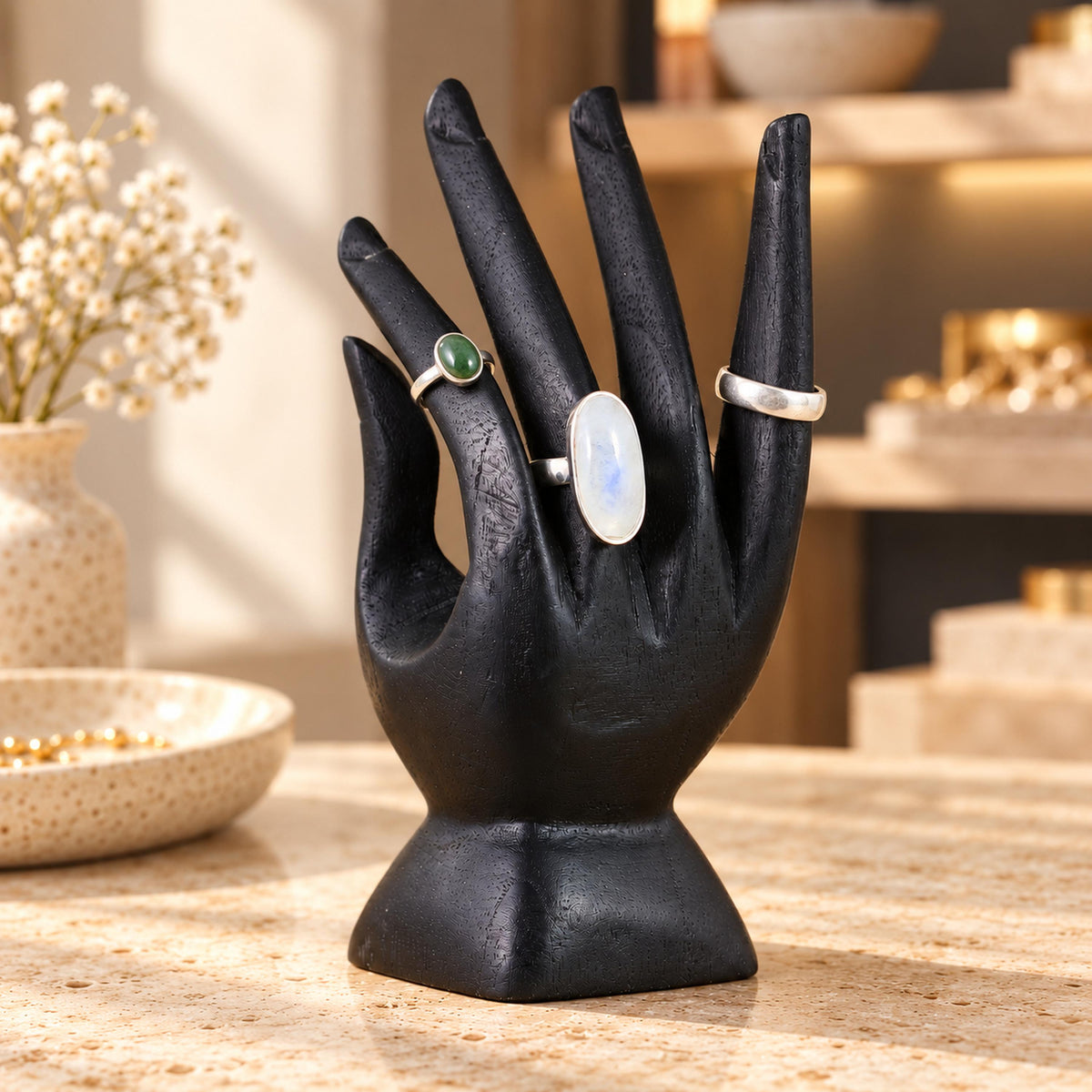 Black Hand-Carved Wooden Ring Holder, 15 cm (5.9 in)