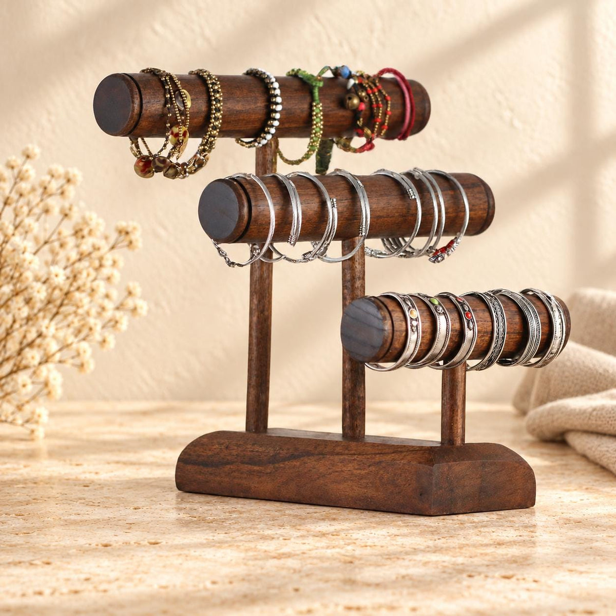 Dark Brown Wooden Bracelet Stand, Three-Tier Bangle Display, 30 cm (11.8 in)