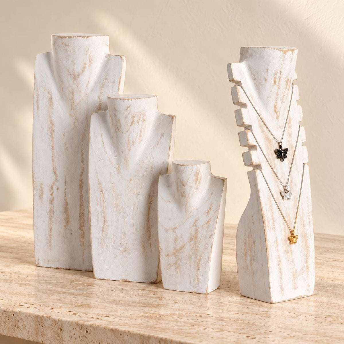 4-Piece Wooden Necklace Display Set, Whitewash – 20/30/40 cm Busts + 40 cm Multi Necklace Holder