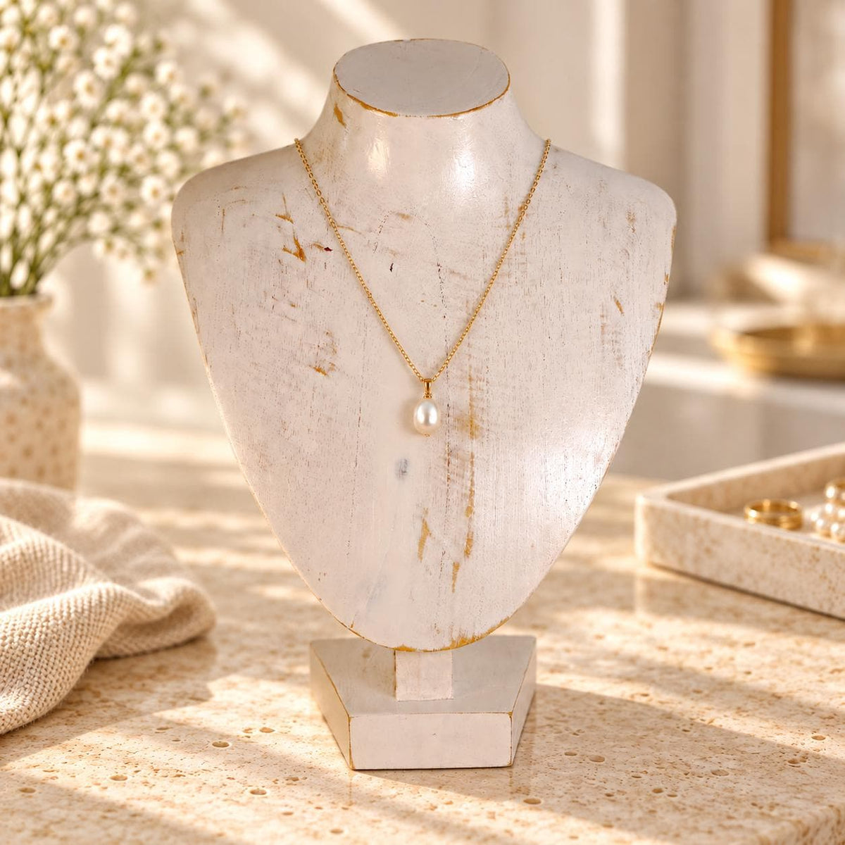 Whitewash Wooden Necklace Display Bust, 9.8 in, Jewelry Stand with Base