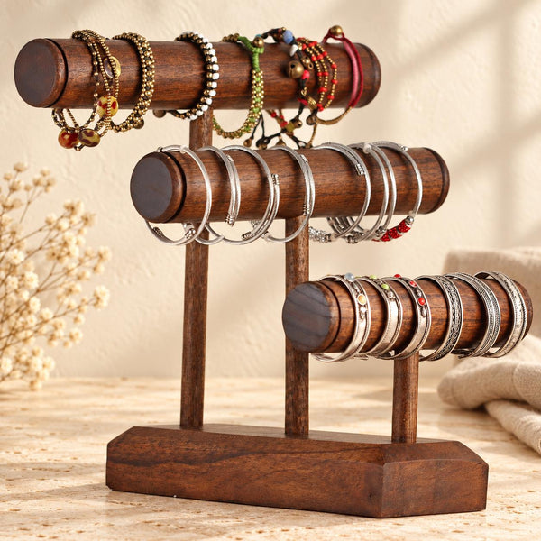 Dark Brown Wooden Bracelet Stand, Three-Tier Bangle Display, 30 cm (11.8 in)