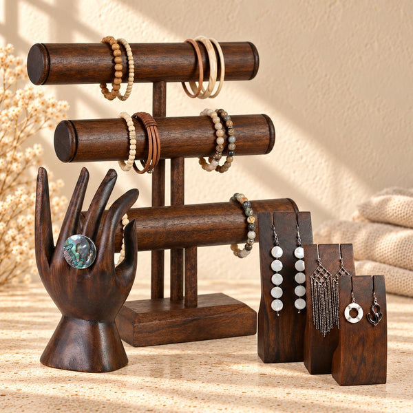 5-Piece Wooden Jewelry Display Set, Dark Brown – Bracelet Stand, Ring Hand & 3 Earring Holders