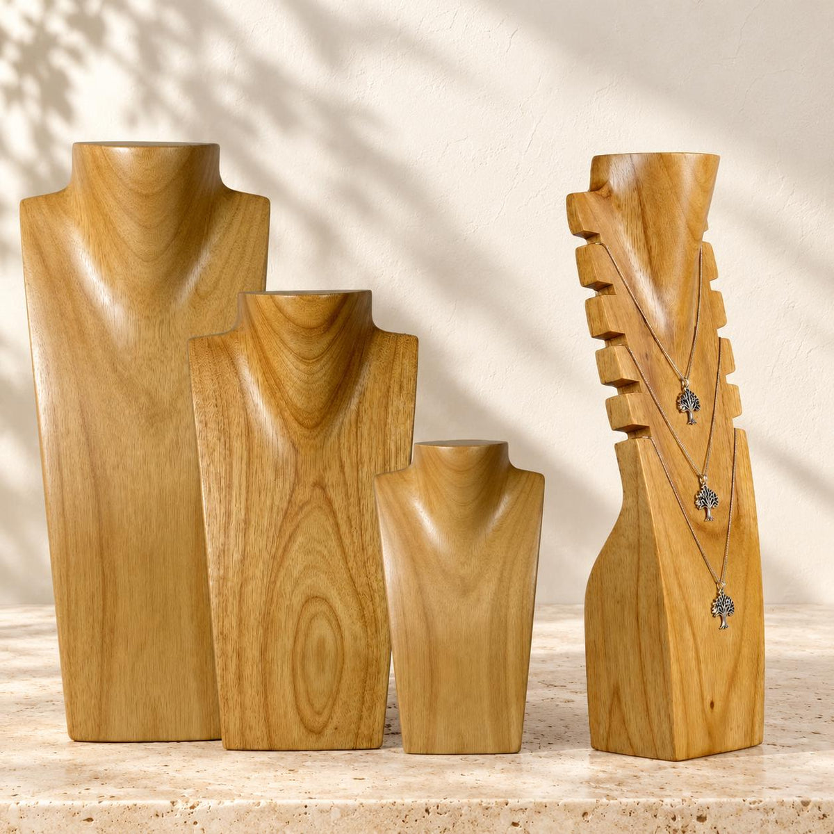 4-Piece Wooden Necklace Display Set, Natural Wood – 20/30/40 cm Busts + 40 cm Multi Necklace Holder