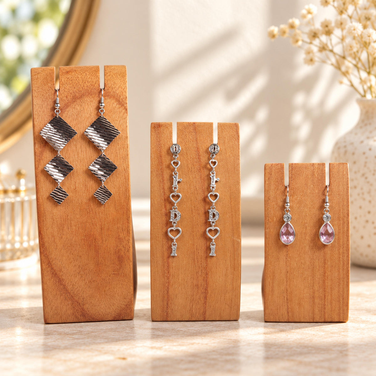 Natural Wooden Earring Display Stands, Set of 3