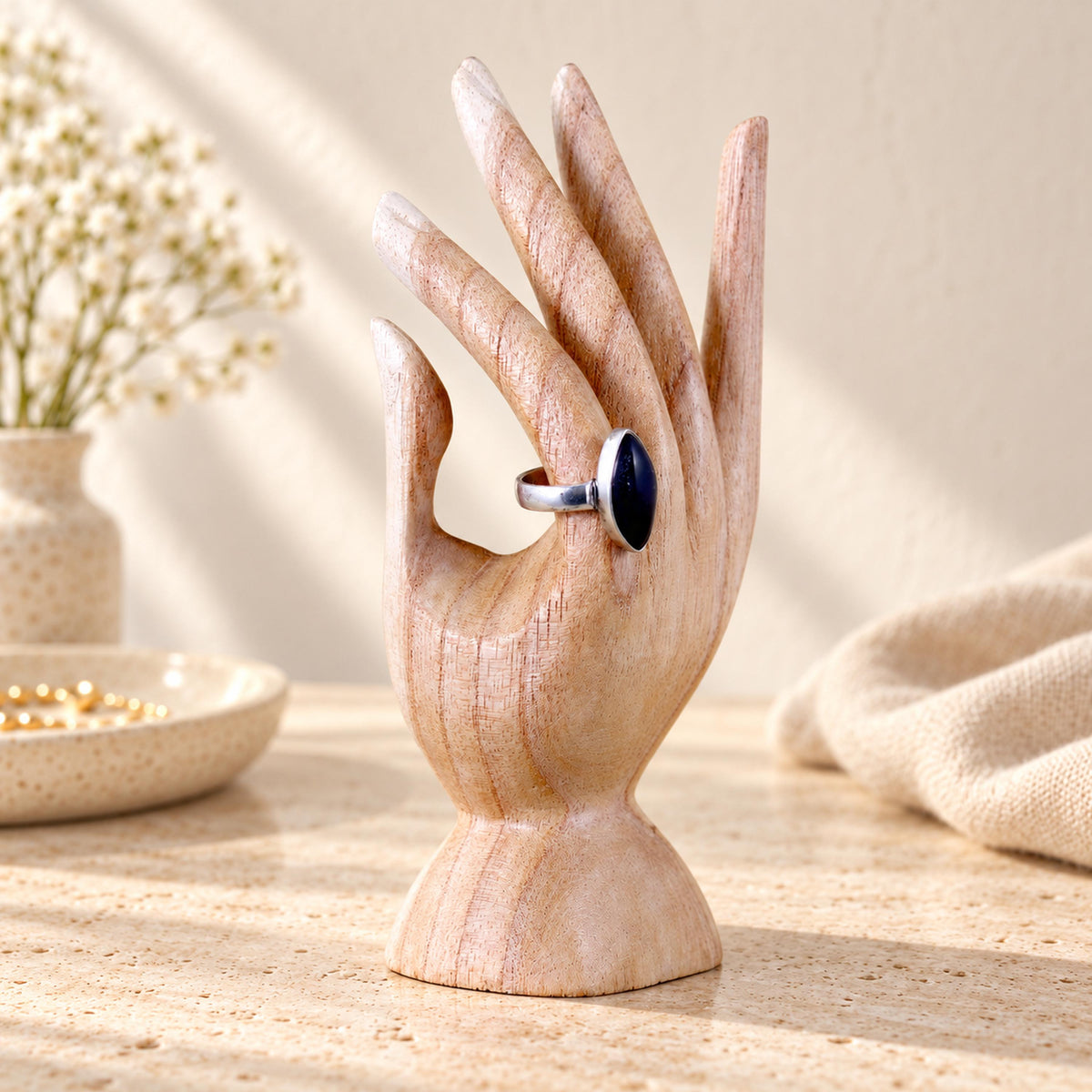 Natural Hand-Carved Wooden Ring Holder, 15 cm (5.9 in)