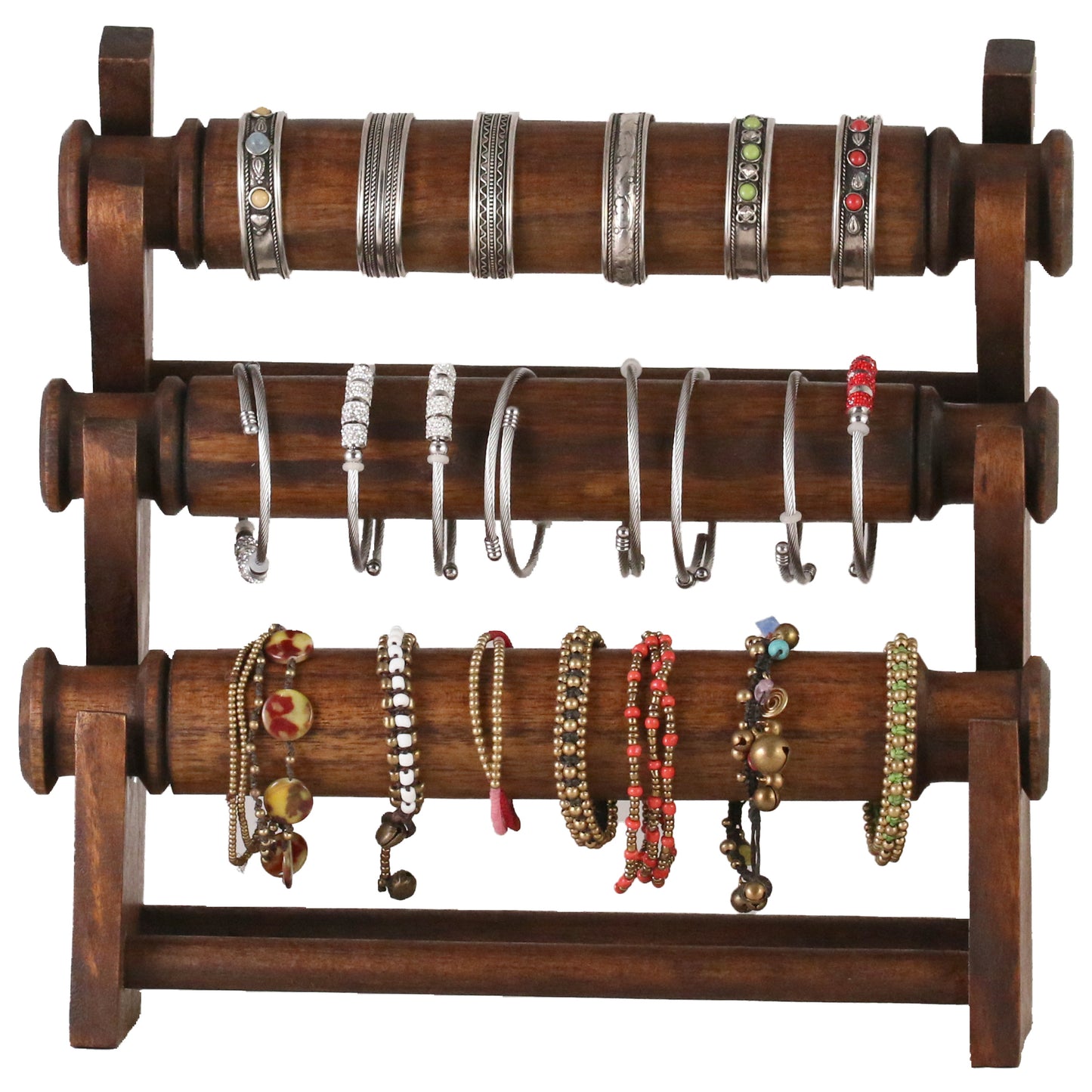 Wooden Bracelet Display Stand Deep Brown 30cm | 3-Tier Jewelry Organizer