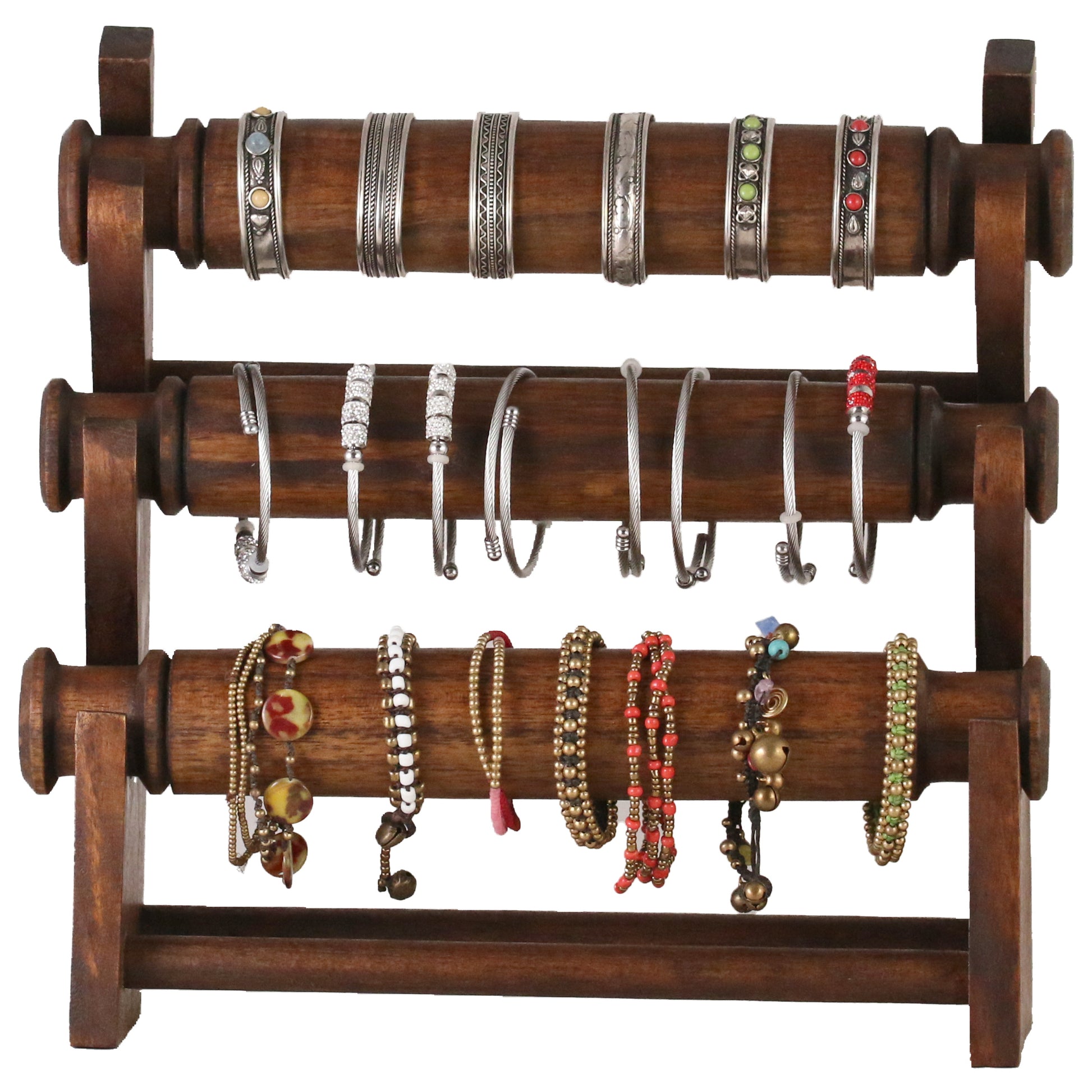 Wooden Bracelet Display Stand Deep Brown 30cm | 3-Tier Jewelry Organizer