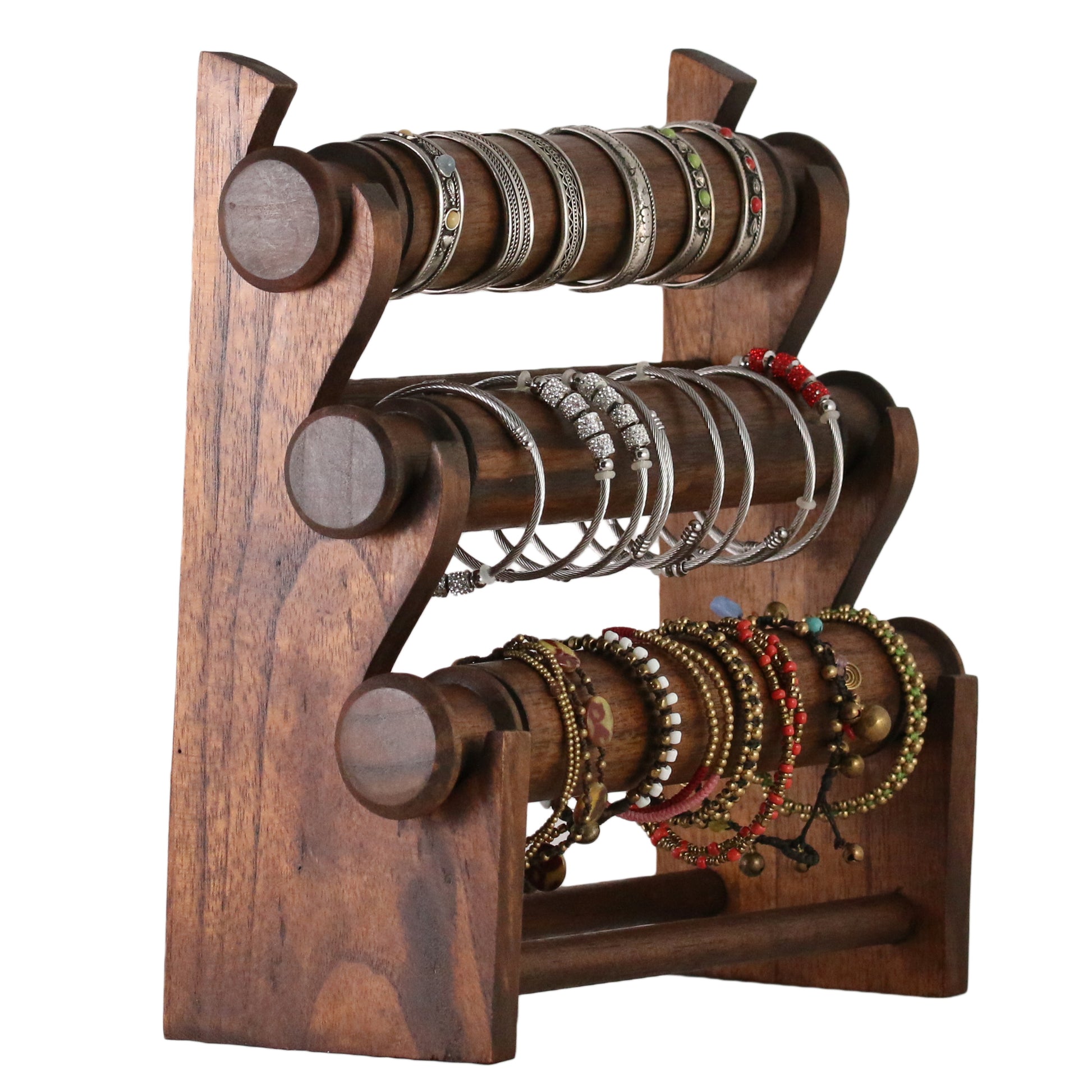 Wooden Bracelet Display Stand Deep Brown 30cm | 3-Tier Jewelry Organizer