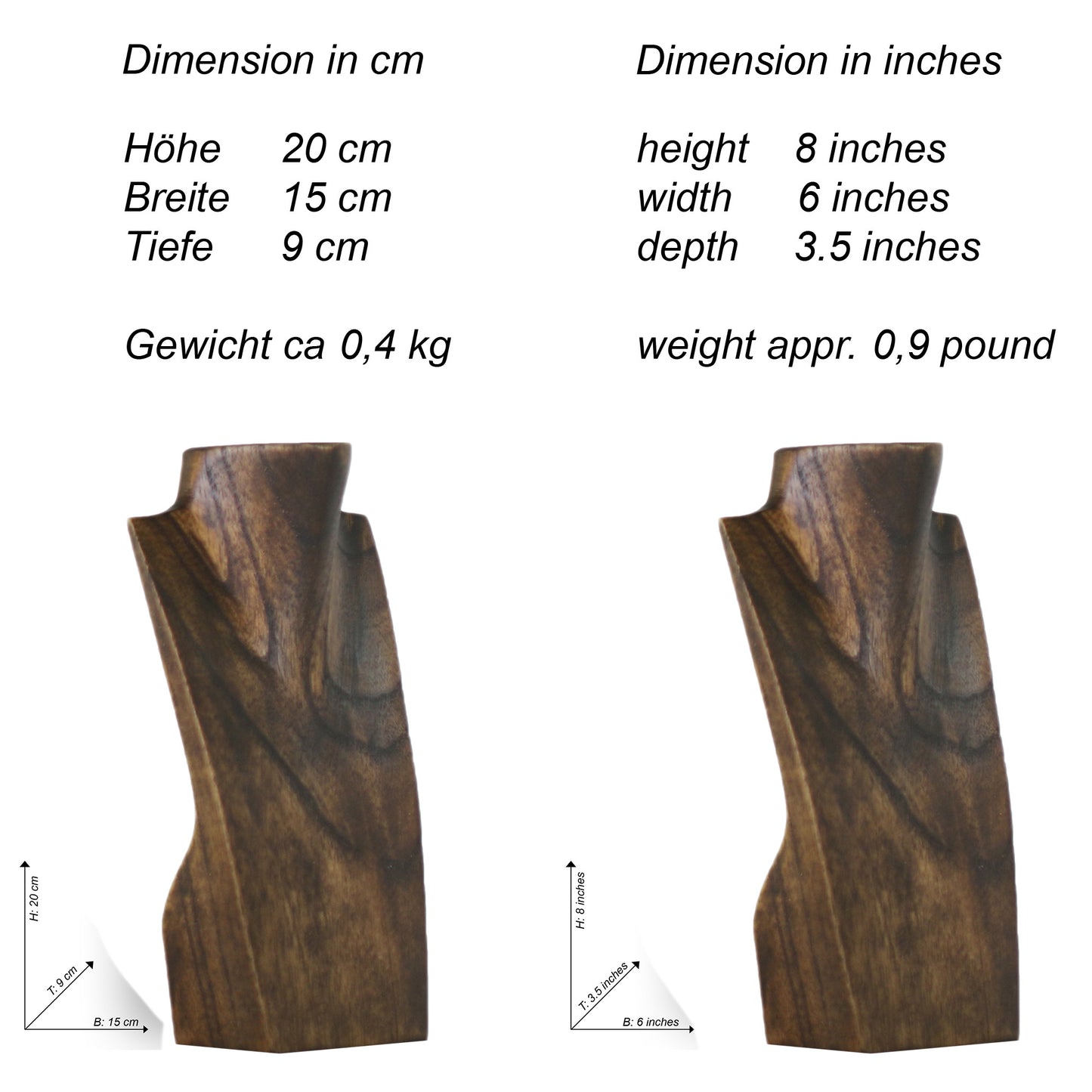 Wooden Jewelry Stand Deep Brown 20cm (7.9") | Necklace Display Bust