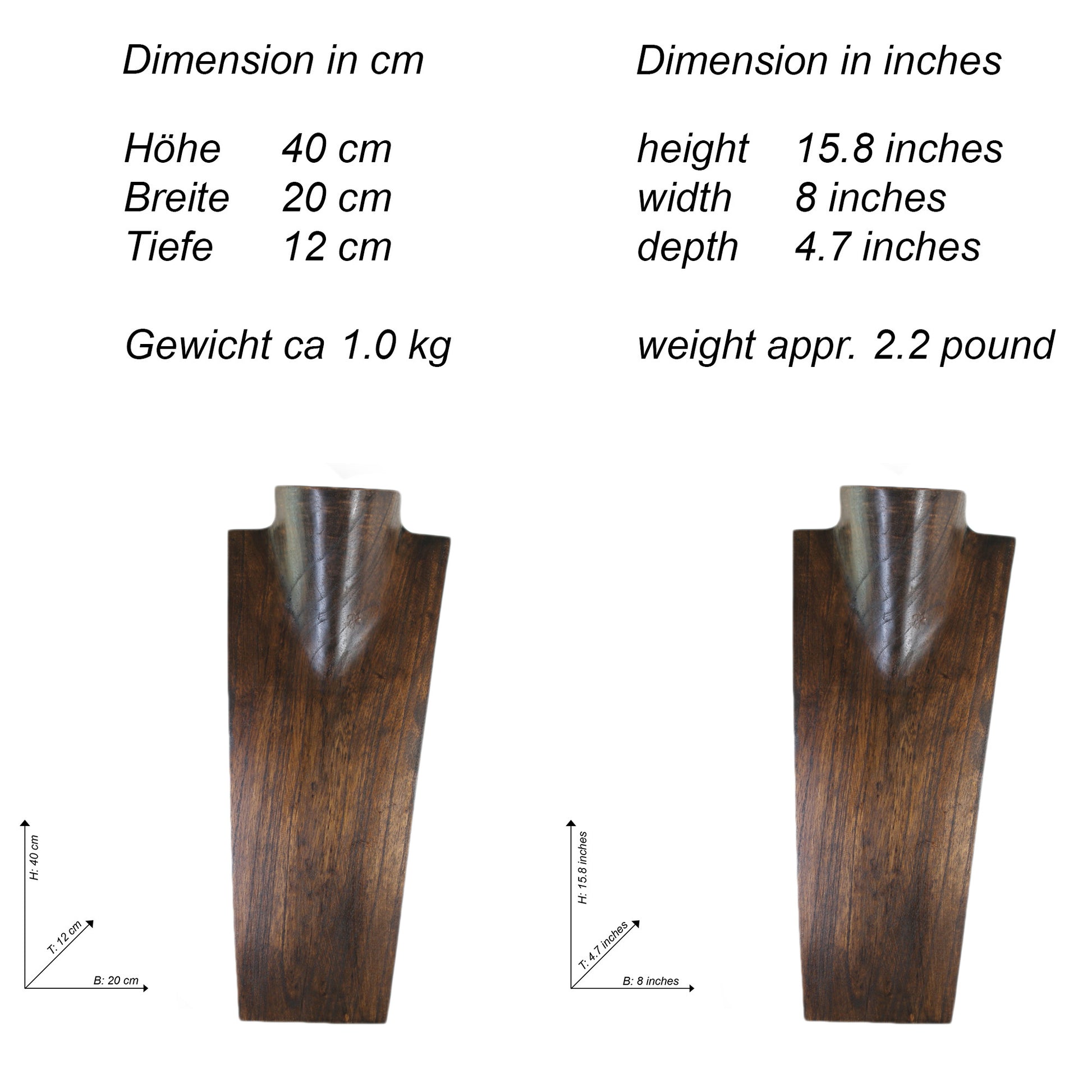 Wooden Jewelry Stand Deep Brown 40cm (15.7") | Necklace Display Bust
