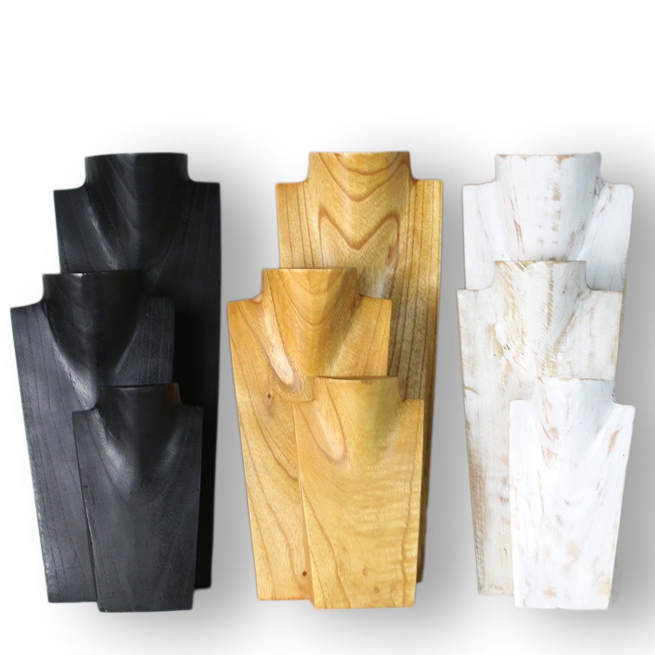 Wooden Jewelry Stand White Wash Set 20/30/40cm | Necklace Display Bust 3 pcs