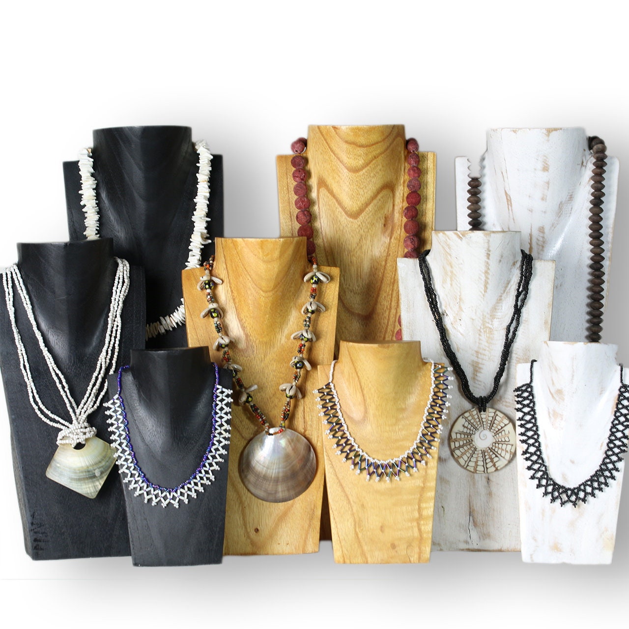 Wooden Jewelry Stand White Wash Set 20/30/40cm | Necklace Display Bust 3 pcs