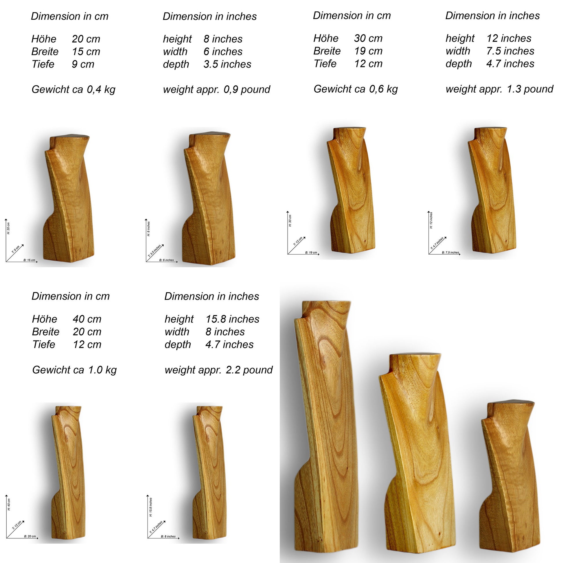 Wooden Jewelry Stand Natural Set 20/30/40cm | Necklace Display Bust 3 pcs