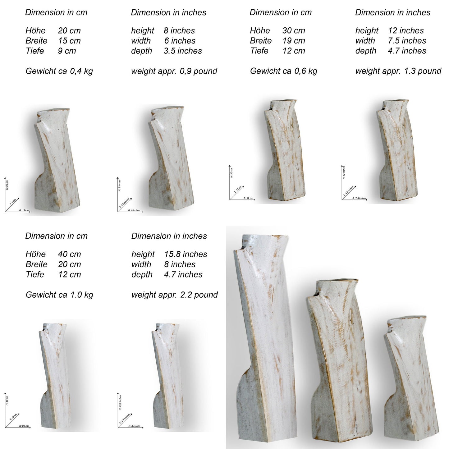 Wooden Jewelry Stand White Wash Set 20/30/40cm | Necklace Display Bust 3 pcs