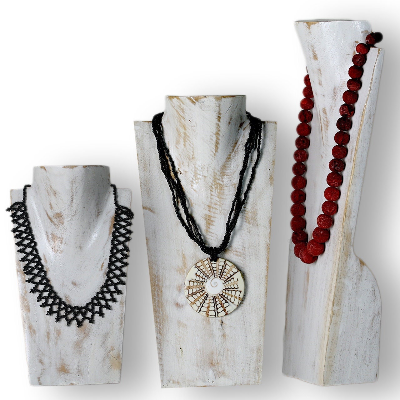 Wooden Jewelry Stand White Wash Set 20/30/40cm | Necklace Display Bust 3 pcs