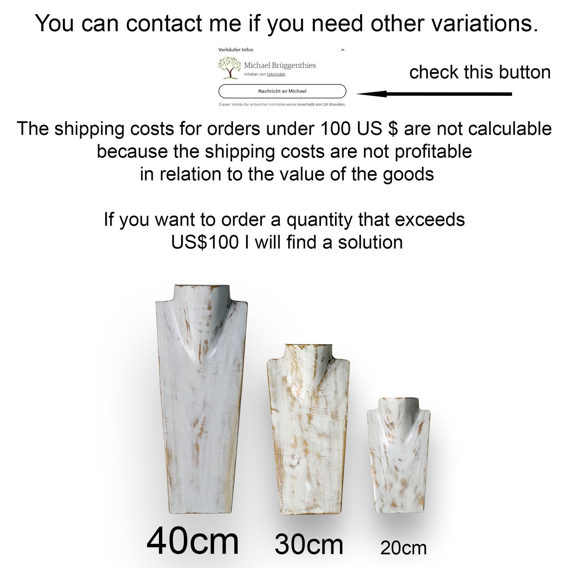 Wooden Jewelry Stand White Wash Set 20/30/40cm | Necklace Display Bust 3 pcs