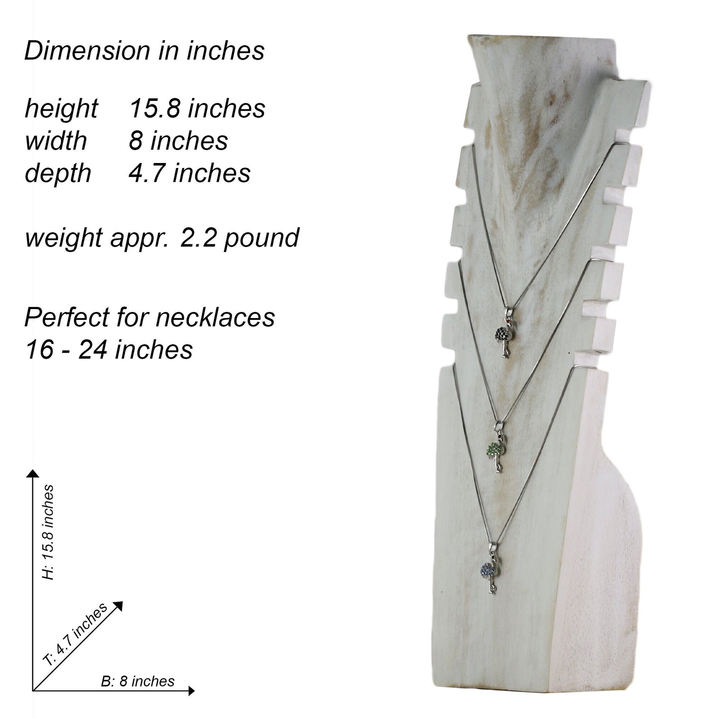 Wooden Jewelry Stand White Wash 40cm (15.7") | Multi Necklace Display Bust