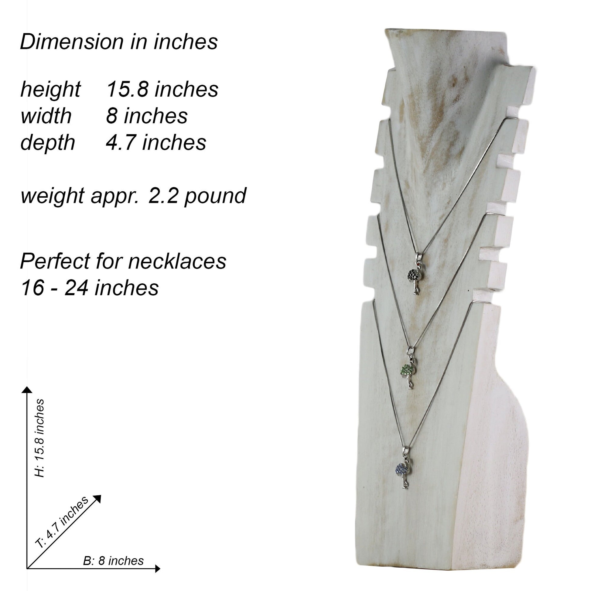 Wooden Jewelry Stand White Wash 40cm (15.7") | Multi Necklace Display Bust