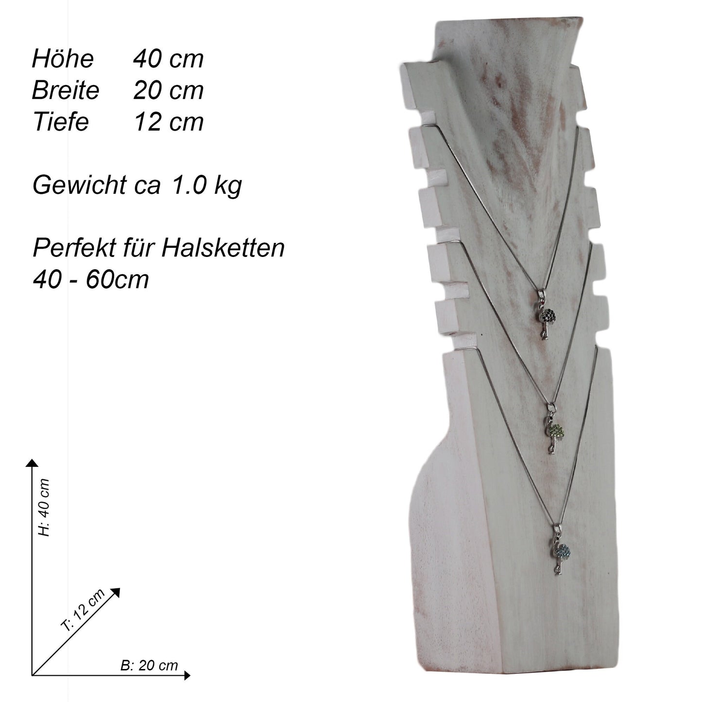 Wooden Jewelry Stand White Wash 40cm (15.7") | Multi Necklace Display Bust