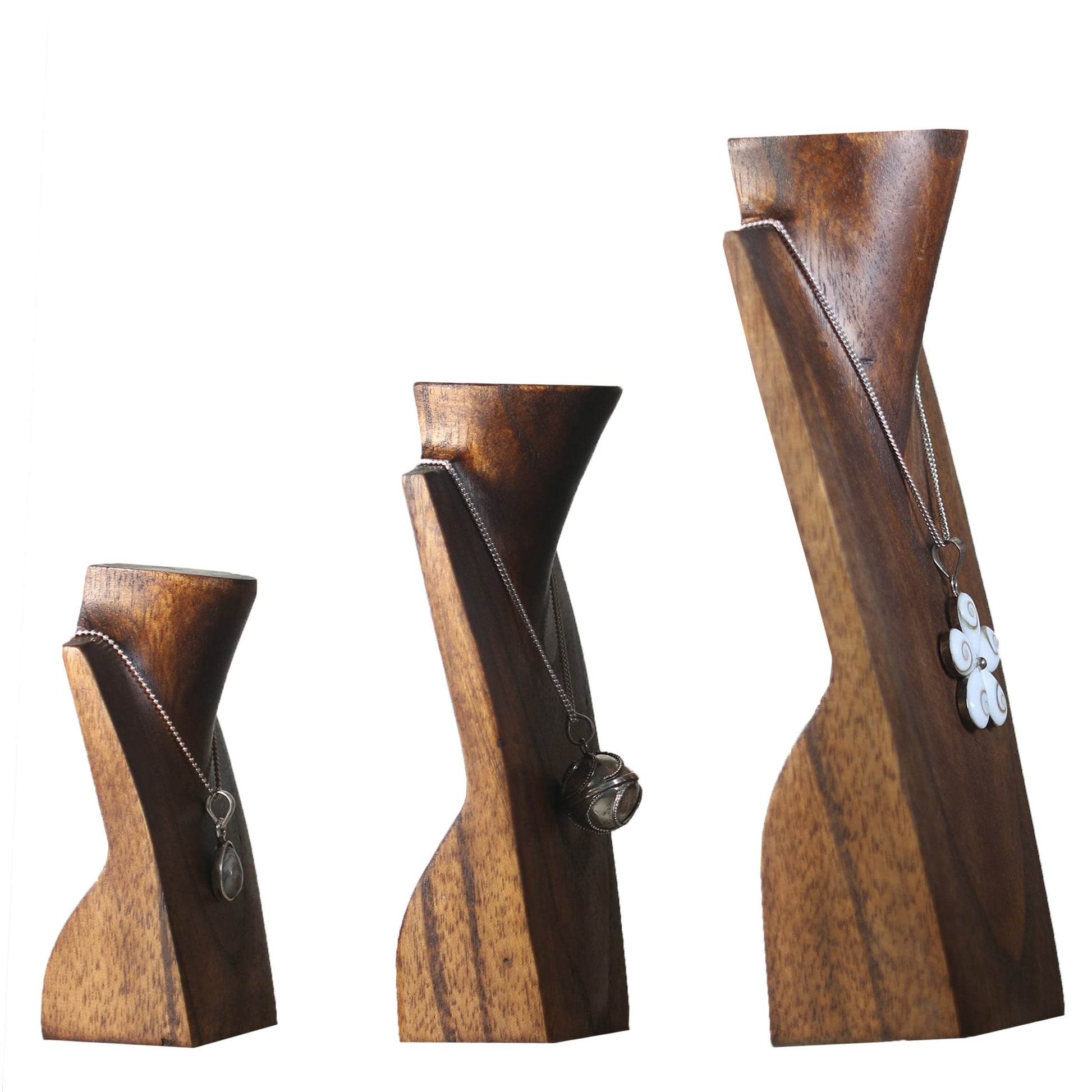 Wooden Jewelry Stand Deep Brown Set 3 pcs | Miniature Necklace Display Busts