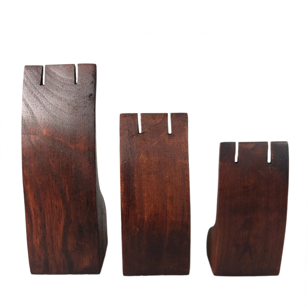 Handcrafted wooden earring display in 3 sizes: 5.9 inches, 4.7 inches, 3.1 inches height