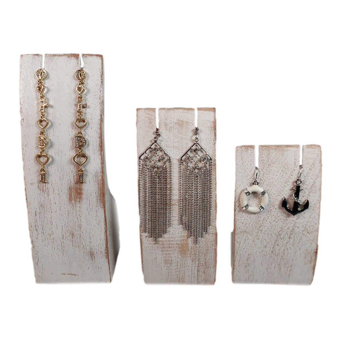 Handcrafted wooden earring display in 3 sizes: 5.9 inches, 4.7 inches, 3.1 inches height
