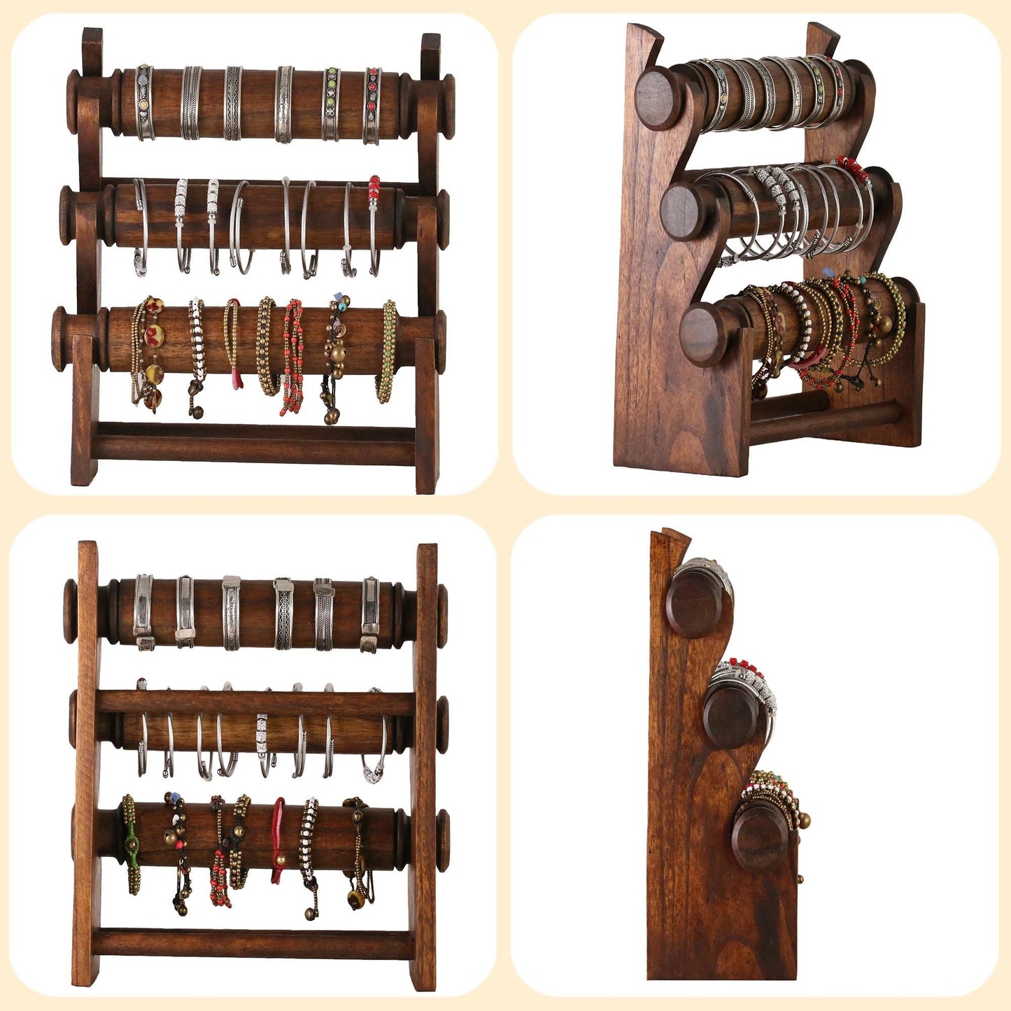 Wooden Bracelet Display Stand Deep Brown 30cm | 3-Tier Jewelry Organizer