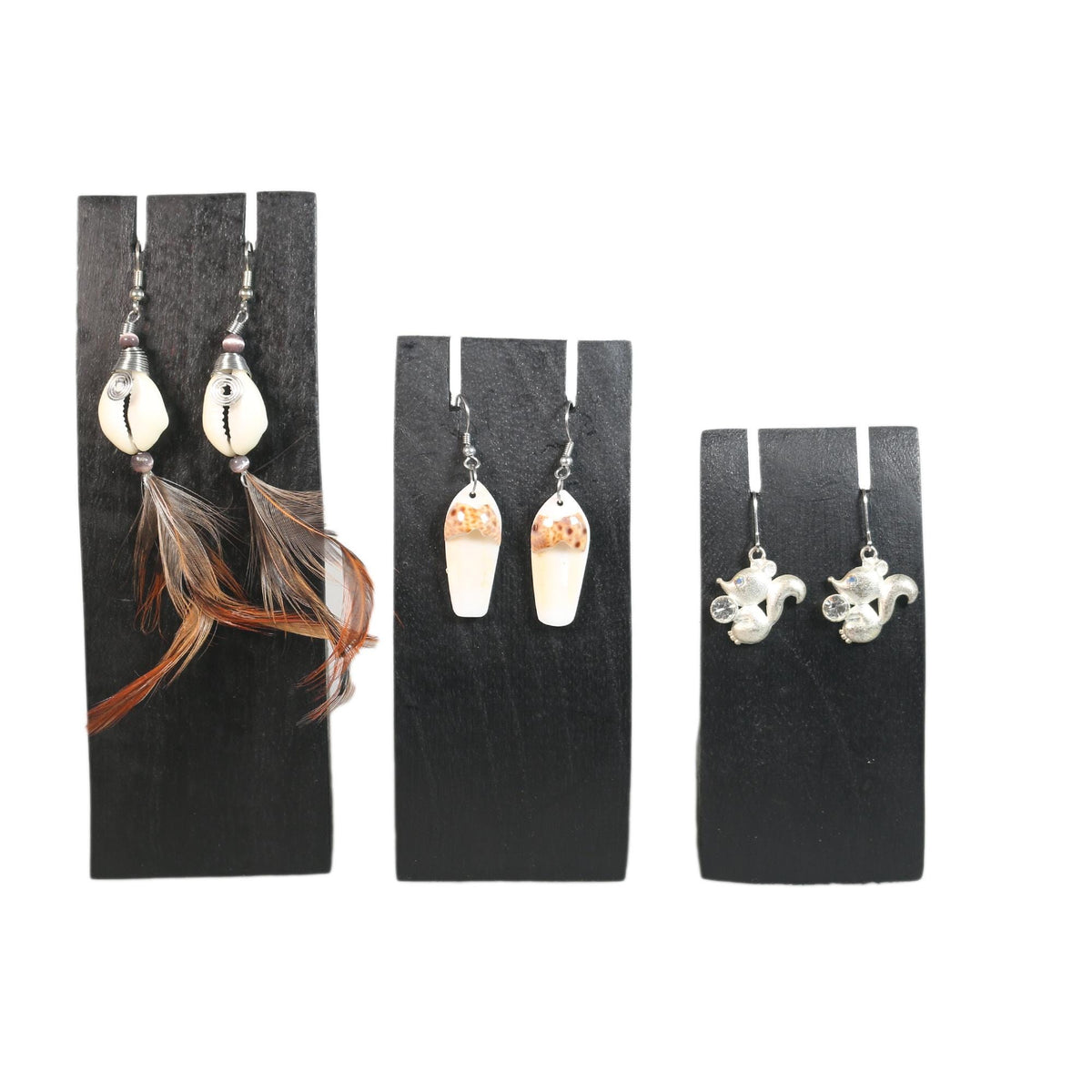 Handcrafted wooden earring display in 3 sizes: 5.9 inches, 4.7 inches, 3.1 inches height