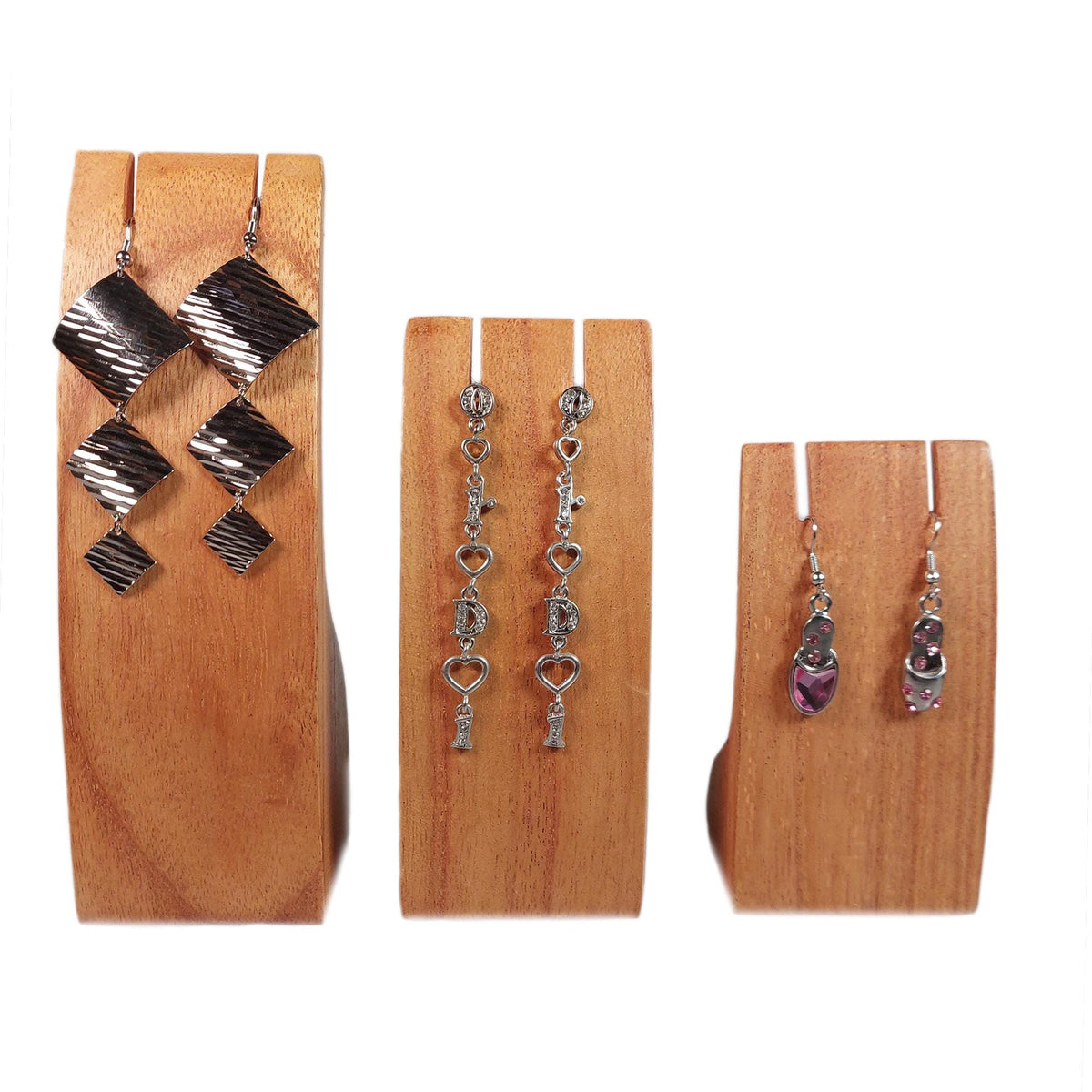 Handcrafted wooden earring display in 3 sizes: 5.9 inches, 4.7 inches, 3.1 inches height