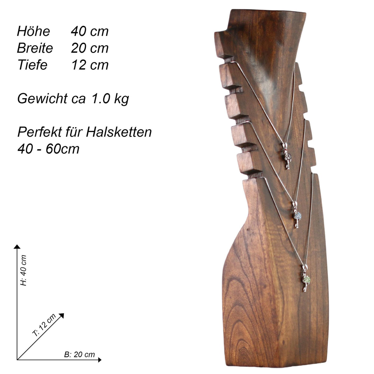 Wooden jewelry bust brown - Necklace display in 3 sizes for 16"/24"/32"" chains - Sturdy necklace stand for shop windows & trade shows