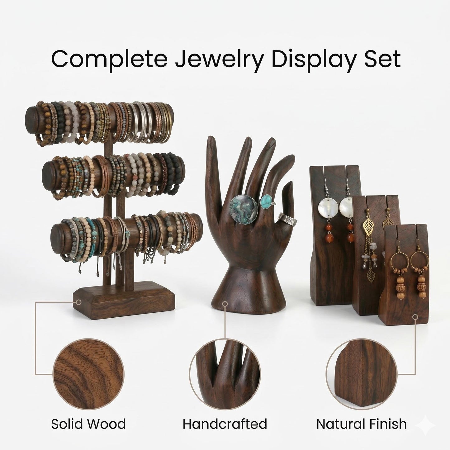 Wooden Jewelry Display Set | Bracelet Stand + Jewelry Hand + Earring Stand