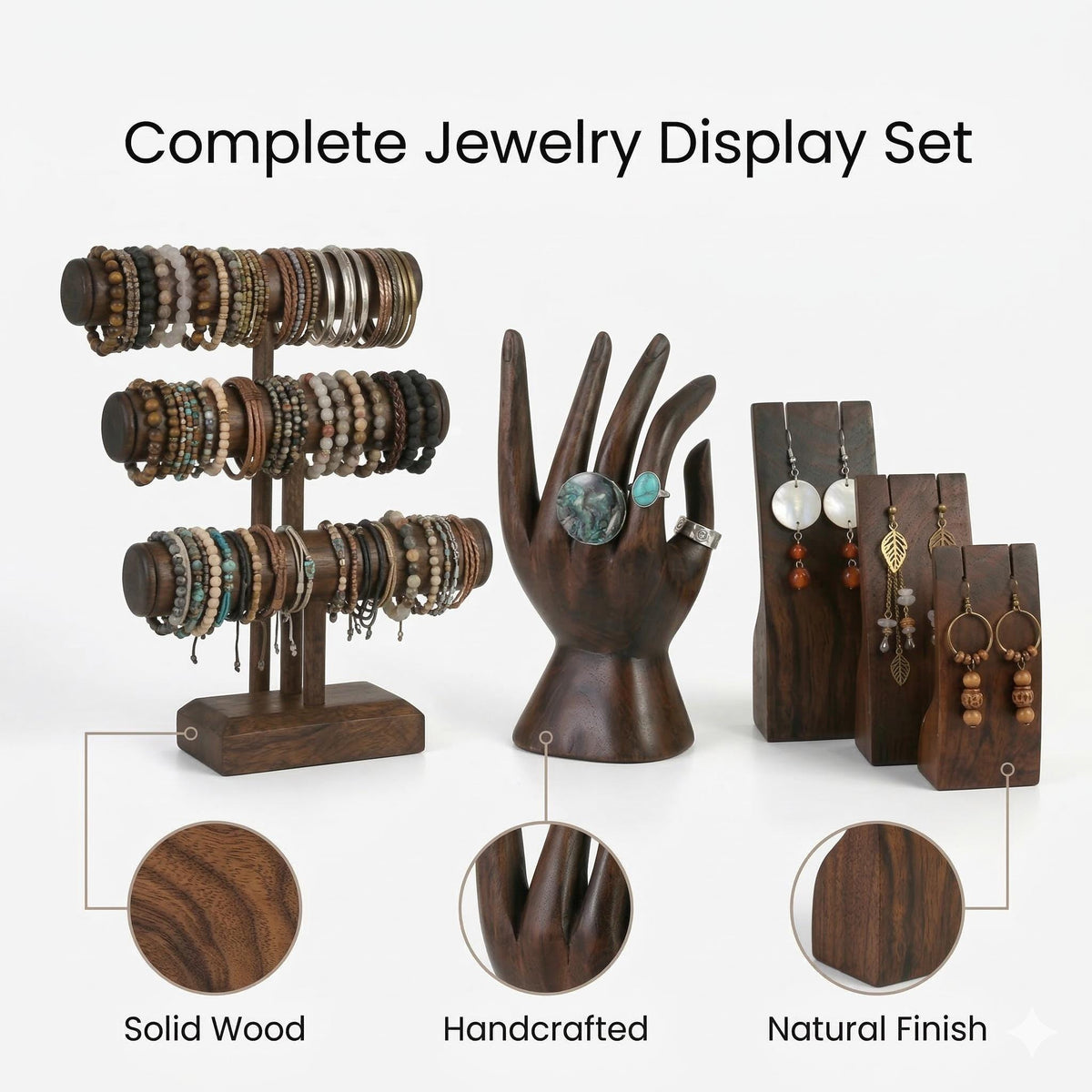 Wood Jewelry Display Set – Bracelet Holder, Ring Hand - Earring Stand – Jewelry Display for Rings, Earrings - Bracelets