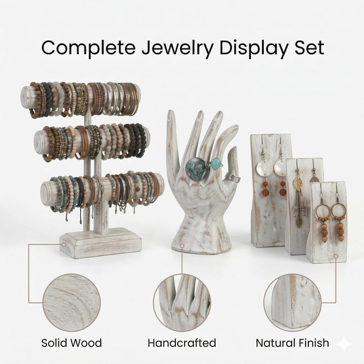 Wooden Jewelry Display Set | Bracelet Stand + Jewelry Hand + Earring Stand