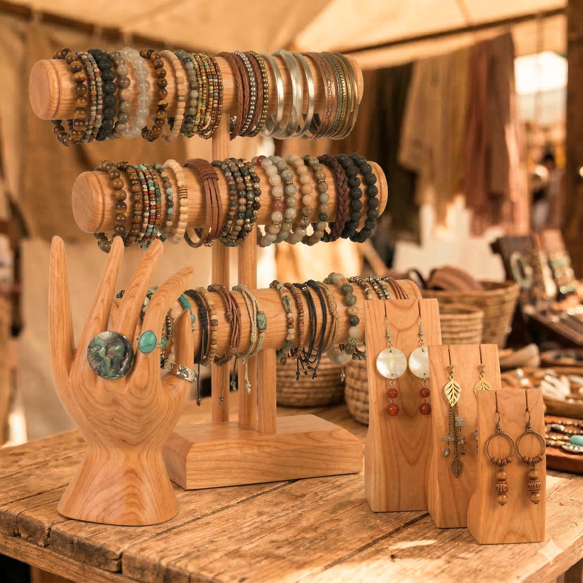 Wood Jewelry Display Set – Bracelet Holder, Ring Hand - Earring Stand – Jewelry Display for Rings, Earrings - Bracelets