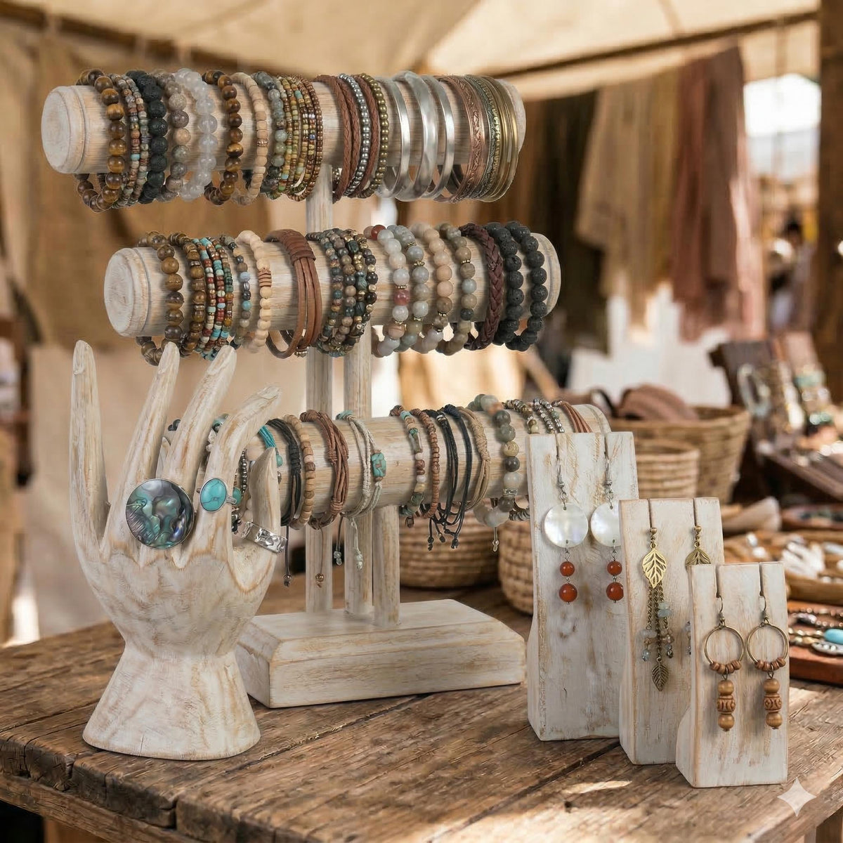 Wood Jewelry Display Set – Bracelet Holder, Ring Hand - Earring Stand – Jewelry Display for Rings, Earrings - Bracelets