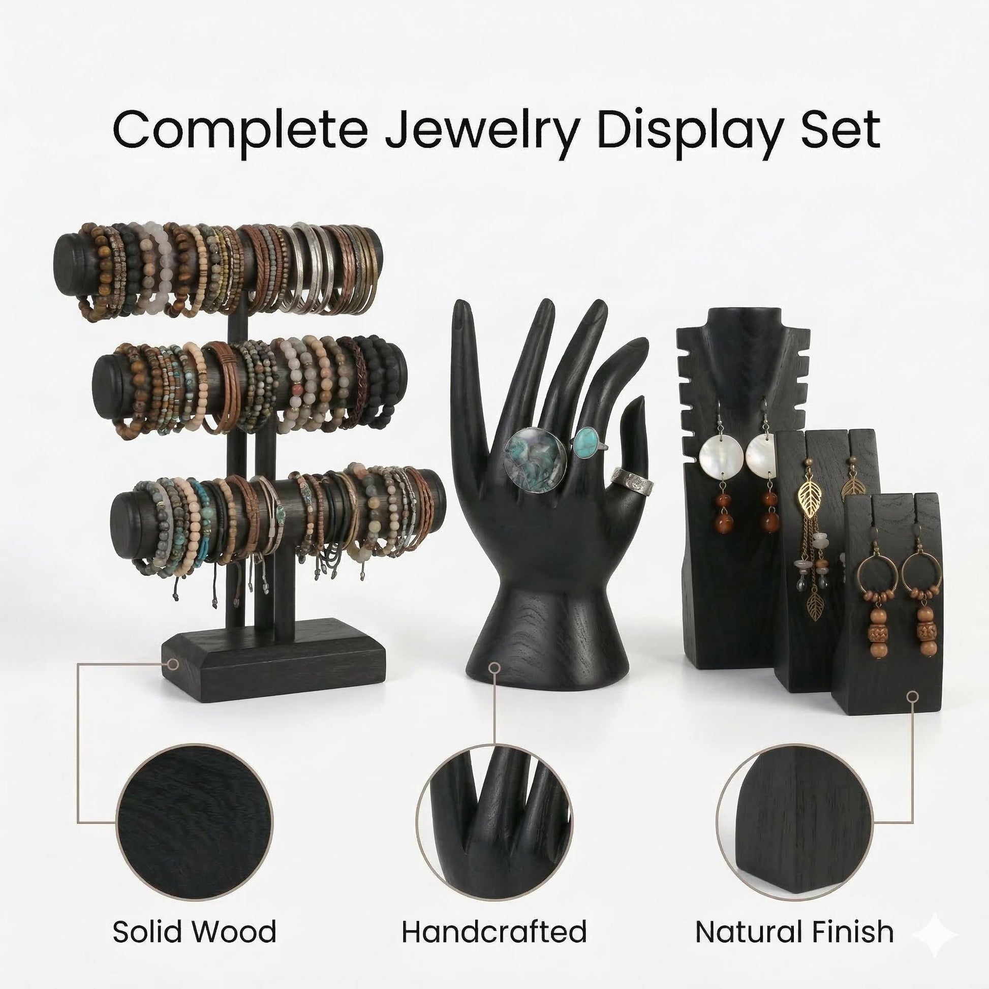 Wooden Jewelry Display Set | Bracelet Stand + Jewelry Hand + Earring Stand