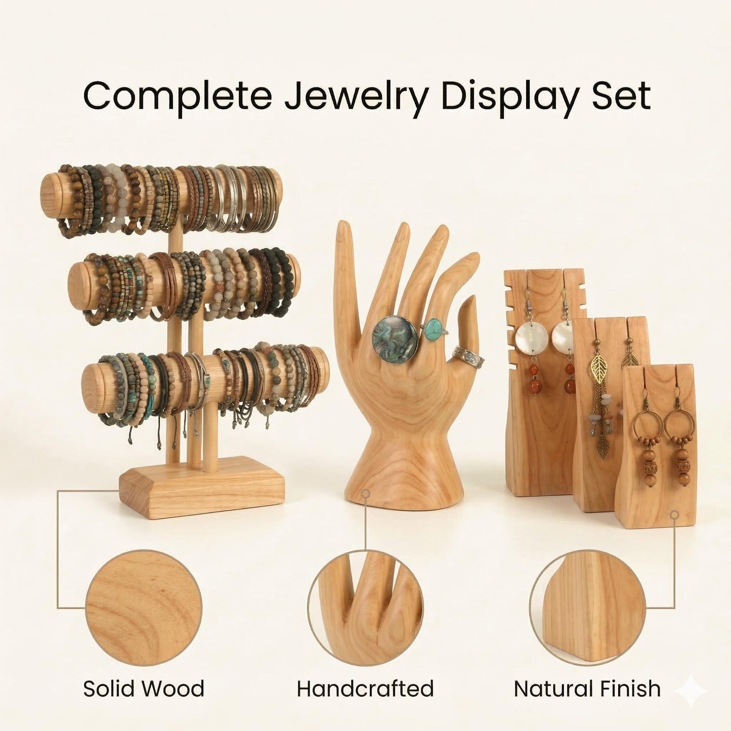 Wooden Jewelry Display Set | Bracelet Stand + Jewelry Hand + Earring Stand