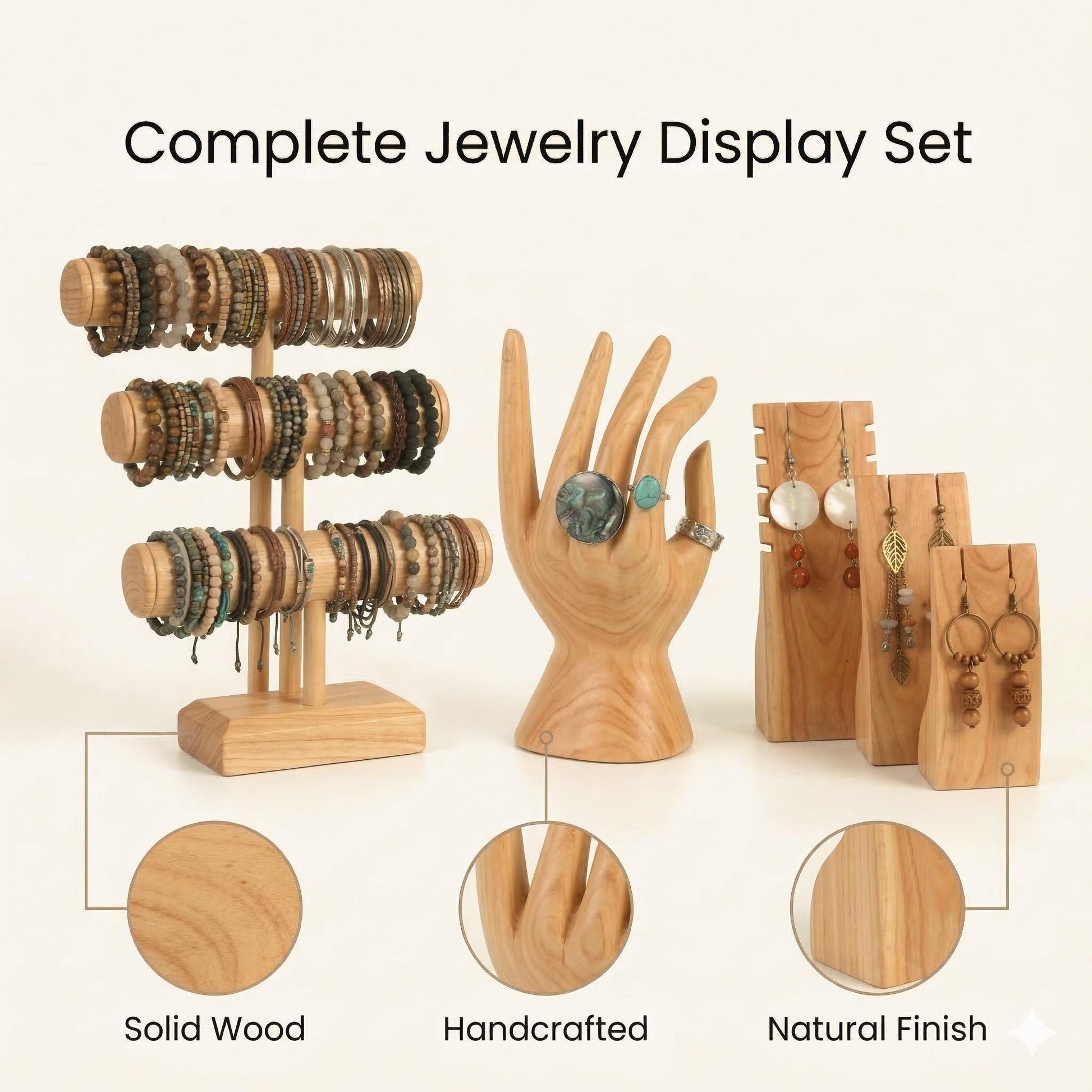 Wooden Jewelry Display Set | Bracelet Stand + Jewelry Hand + Earring Stand