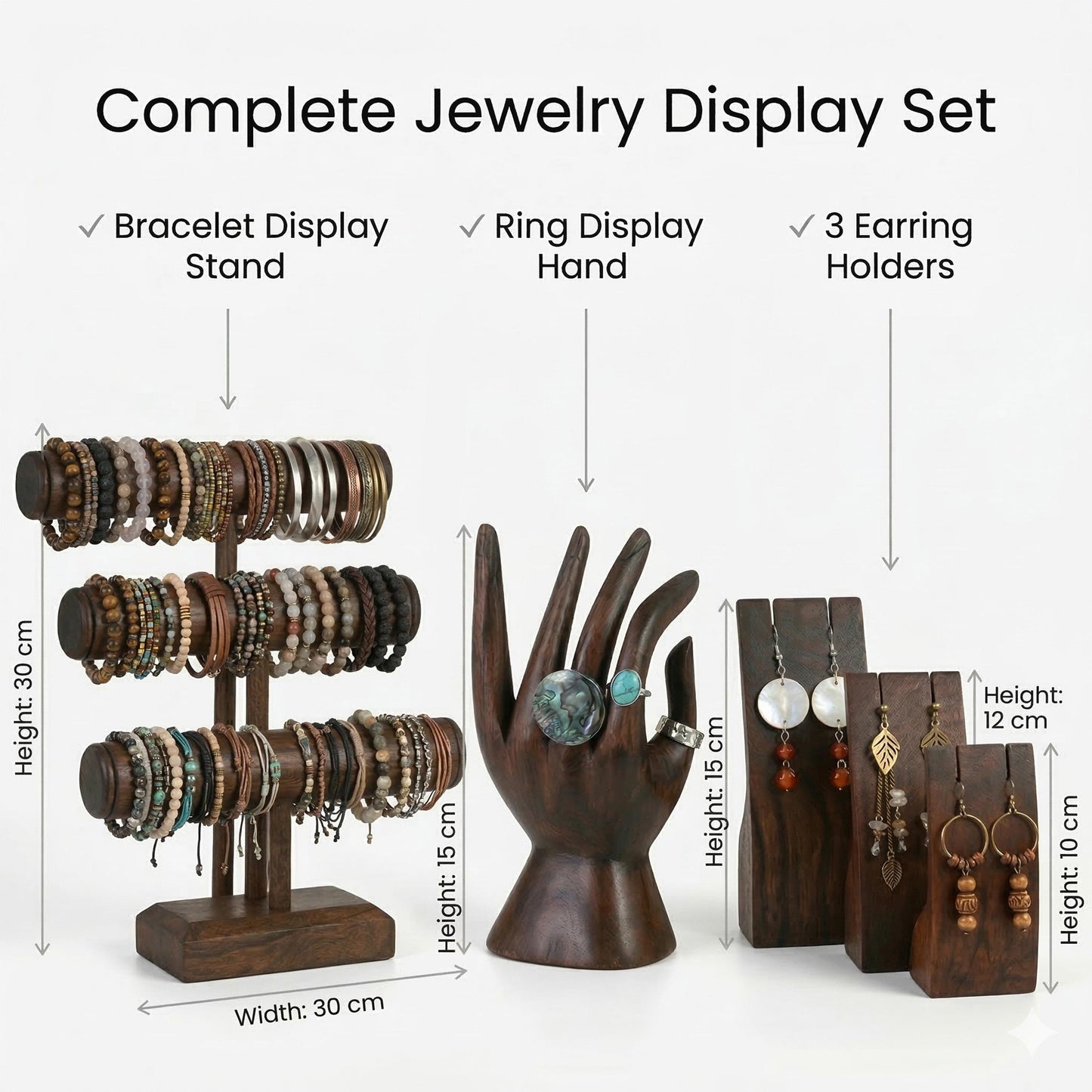 Wooden Jewelry Display Set | Bracelet Stand + Jewelry Hand + Earring Stand