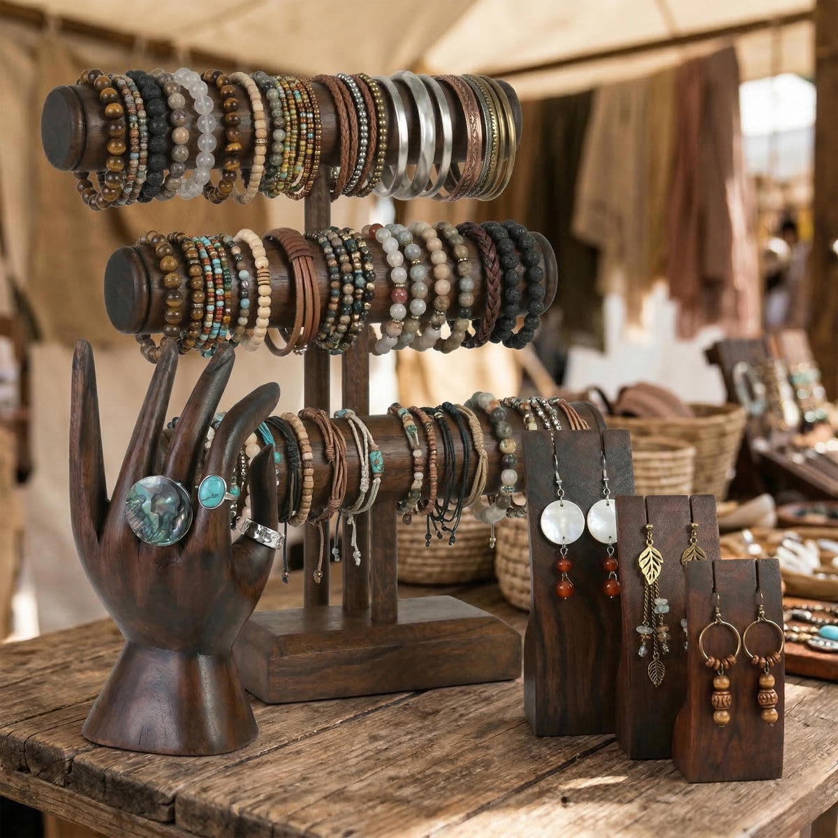 Wood Jewelry Display Set – Bracelet Holder, Ring Hand - Earring Stand – Jewelry Display for Rings, Earrings - Bracelets