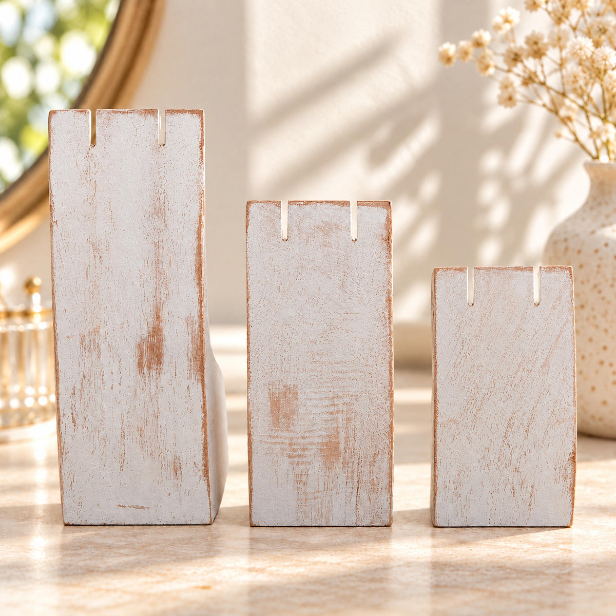 Whitewash Wooden Earring Display Stands, Set of 3