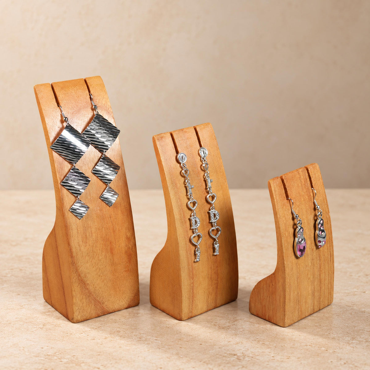 Natural Wooden Earring Display Stands, Set of 3