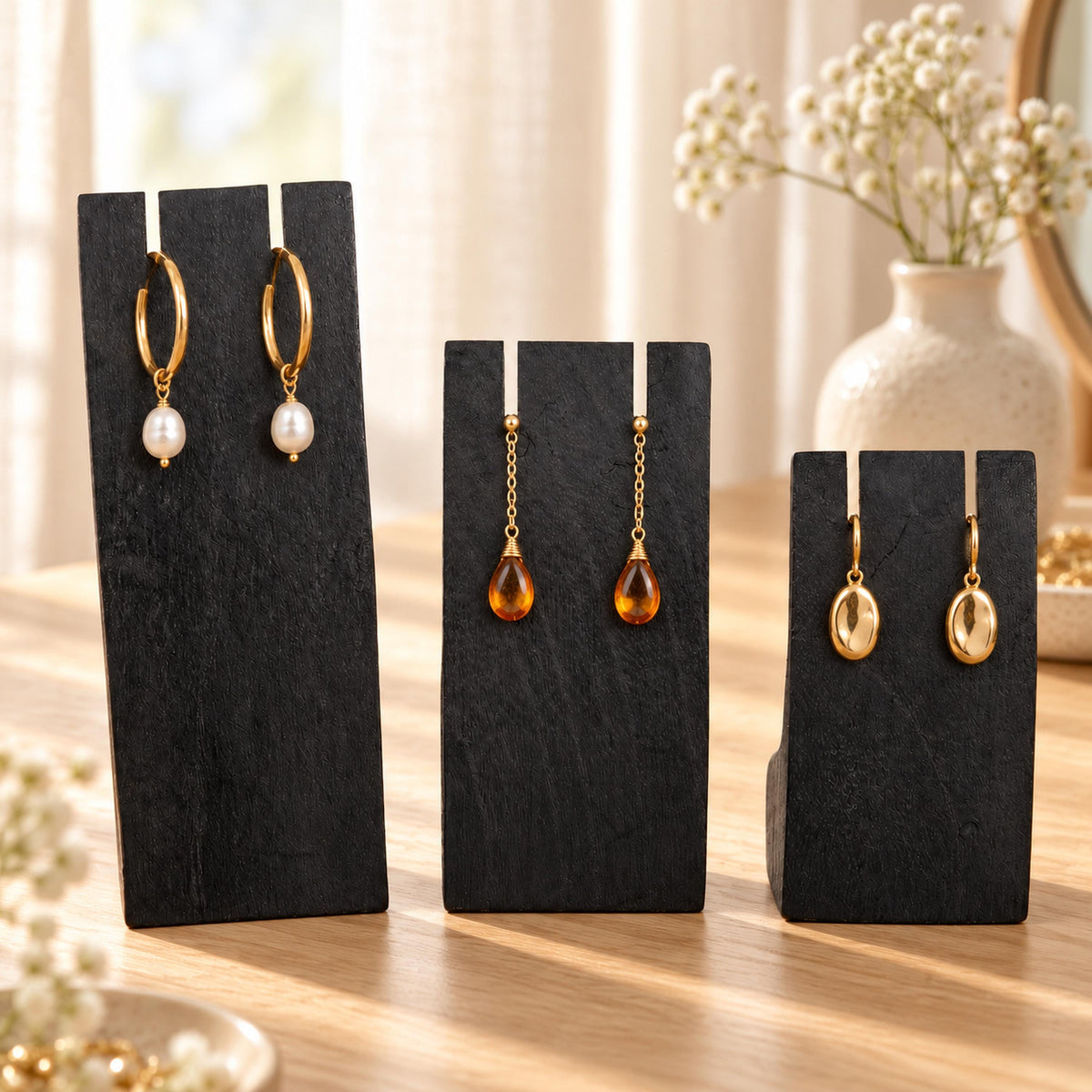 Black Wooden Earring Display Stands, Set of 3