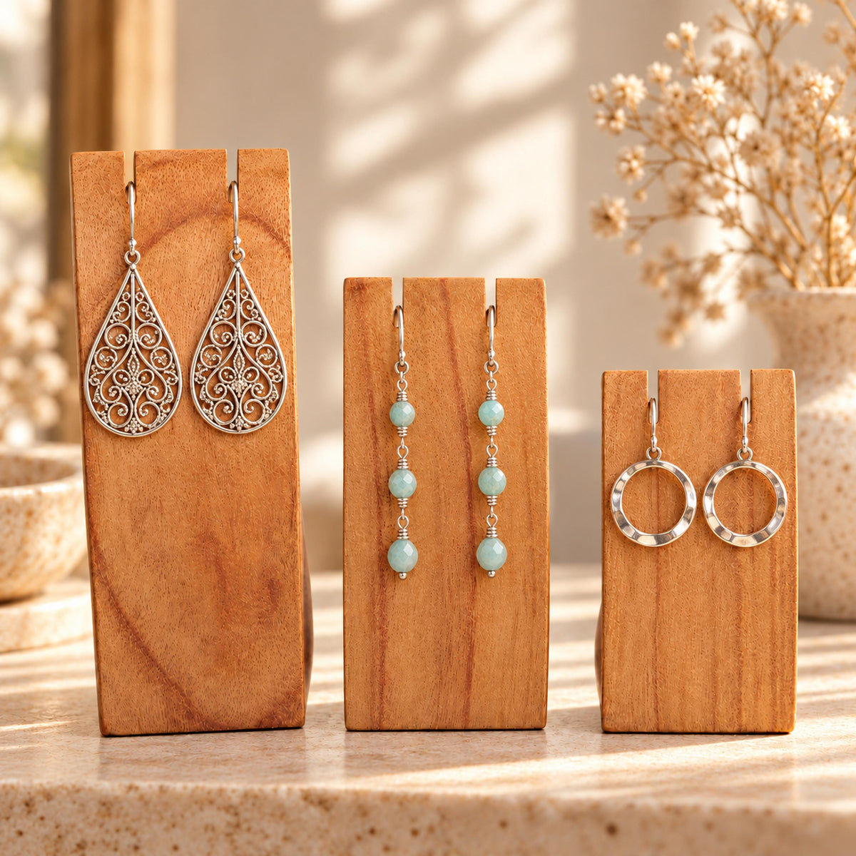 Natural Wooden Earring Display Stands, Set of 3