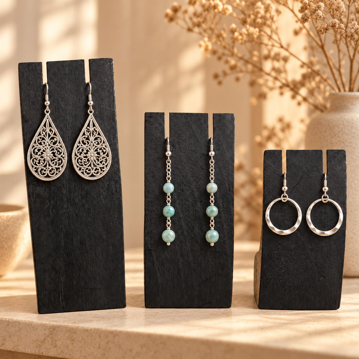 Black Wooden Earring Display Stands, Set of 3