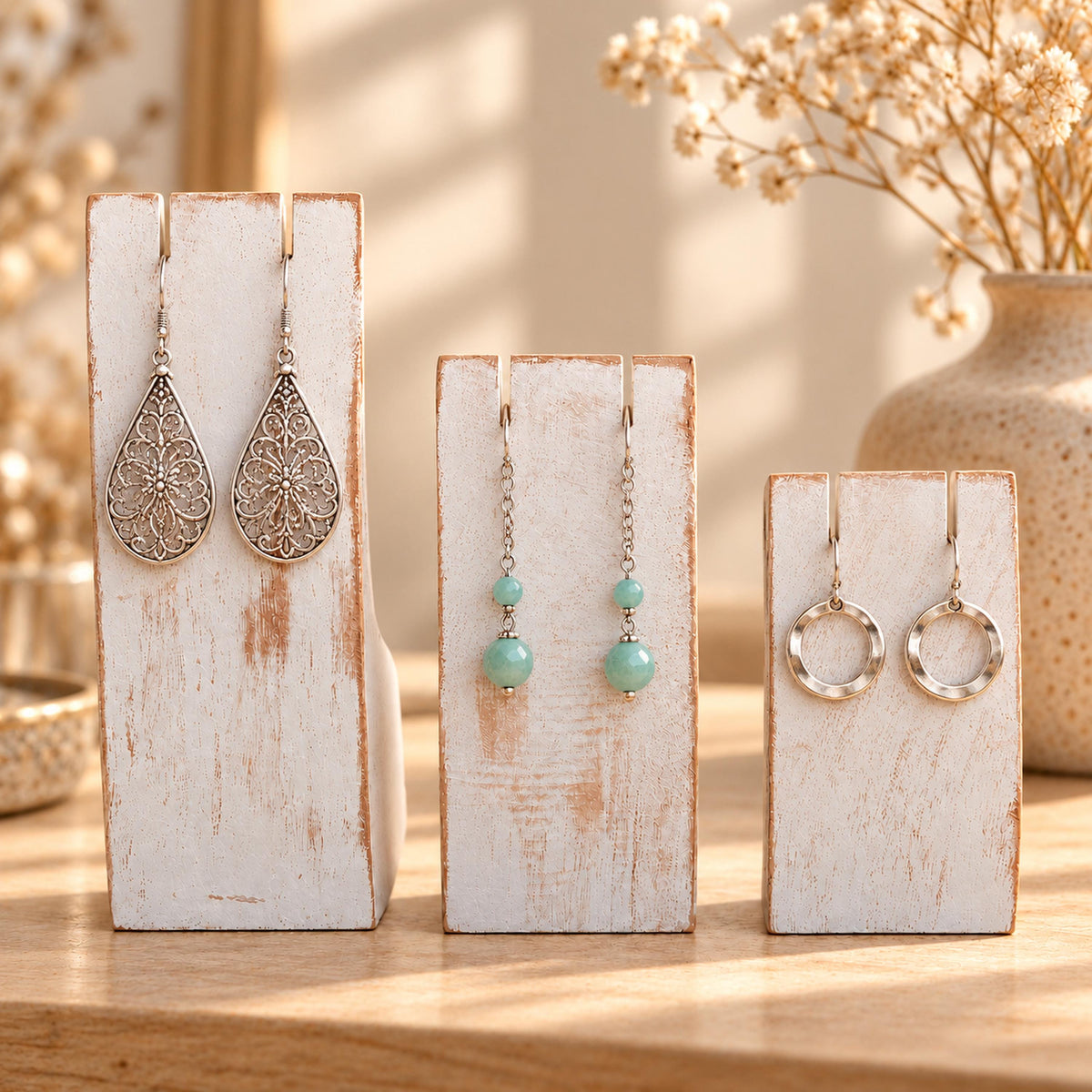 Whitewash Wooden Earring Display Stands, Set of 3