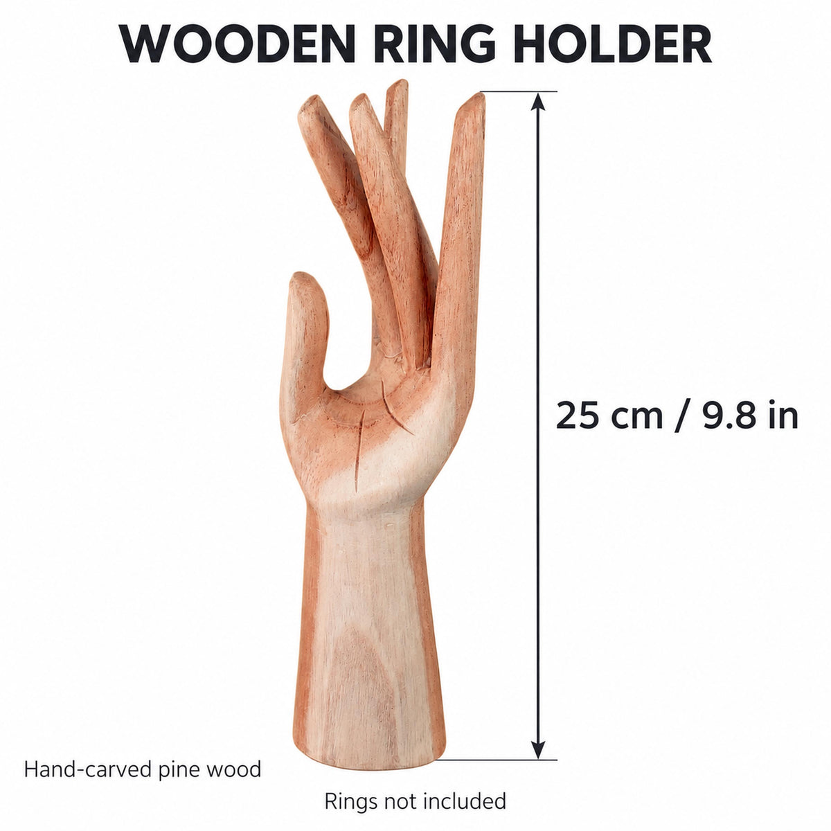Natural Hand-Carved Wooden Ring Holder, 25 cm (9.8 in)
