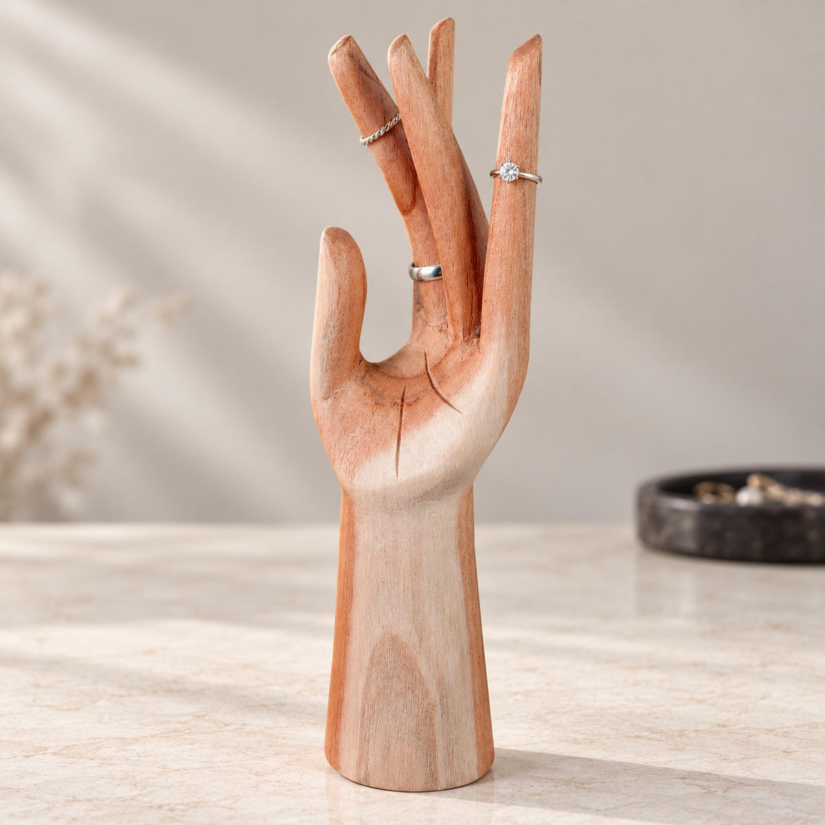 Natural Hand-Carved Wooden Ring Holder, 25 cm (9.8 in)
