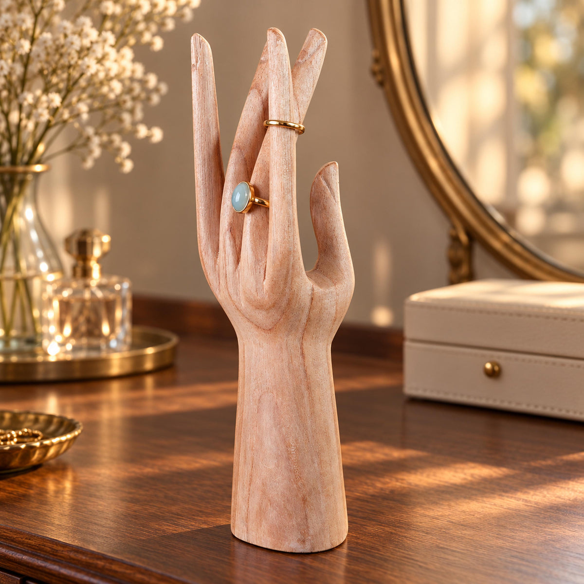 Natural Hand-Carved Wooden Ring Holder, 25 cm (9.8 in)
